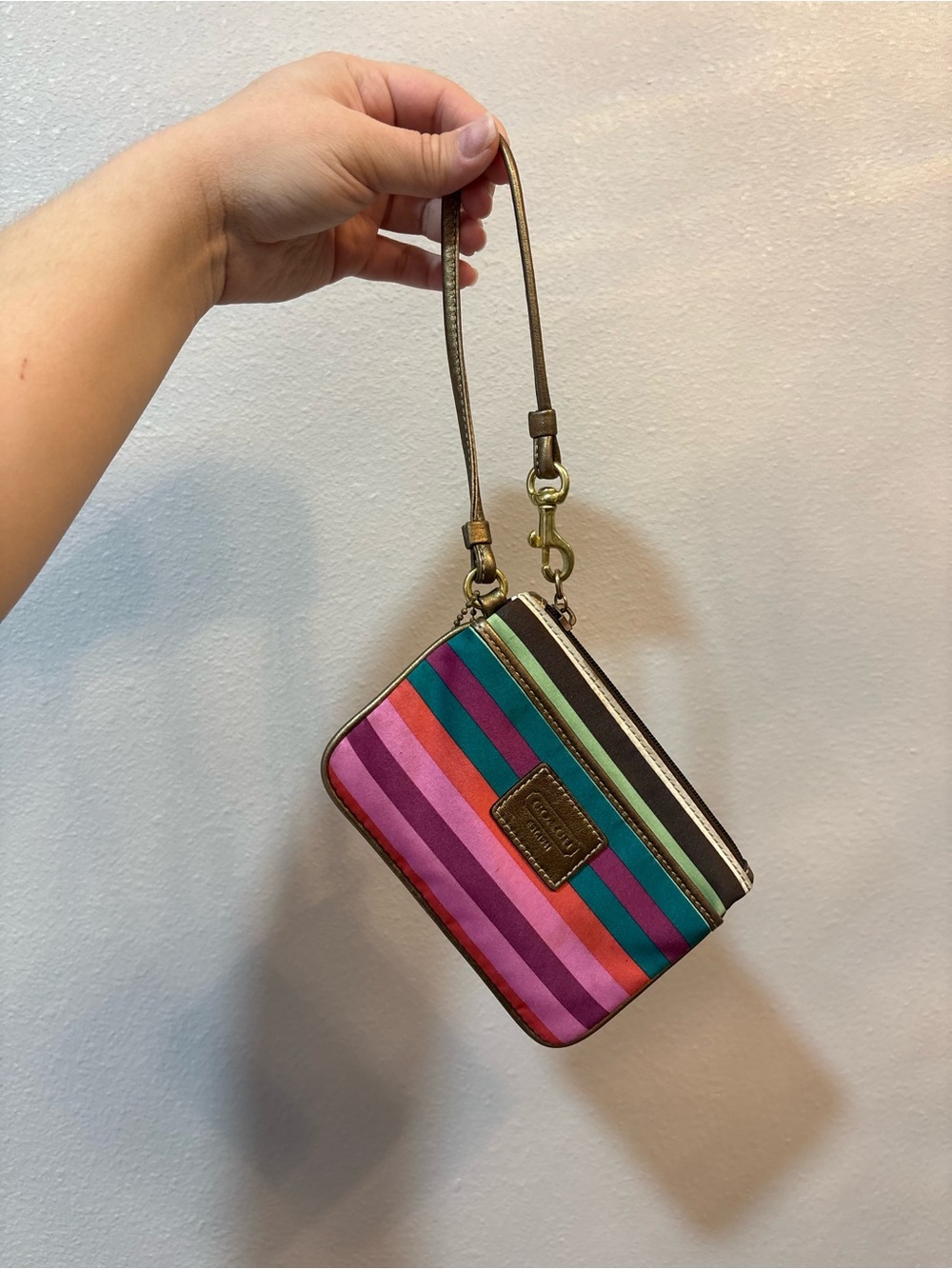 Coach Multicolor Striped Wristlet in Pink, Teal, Orange & Purple
